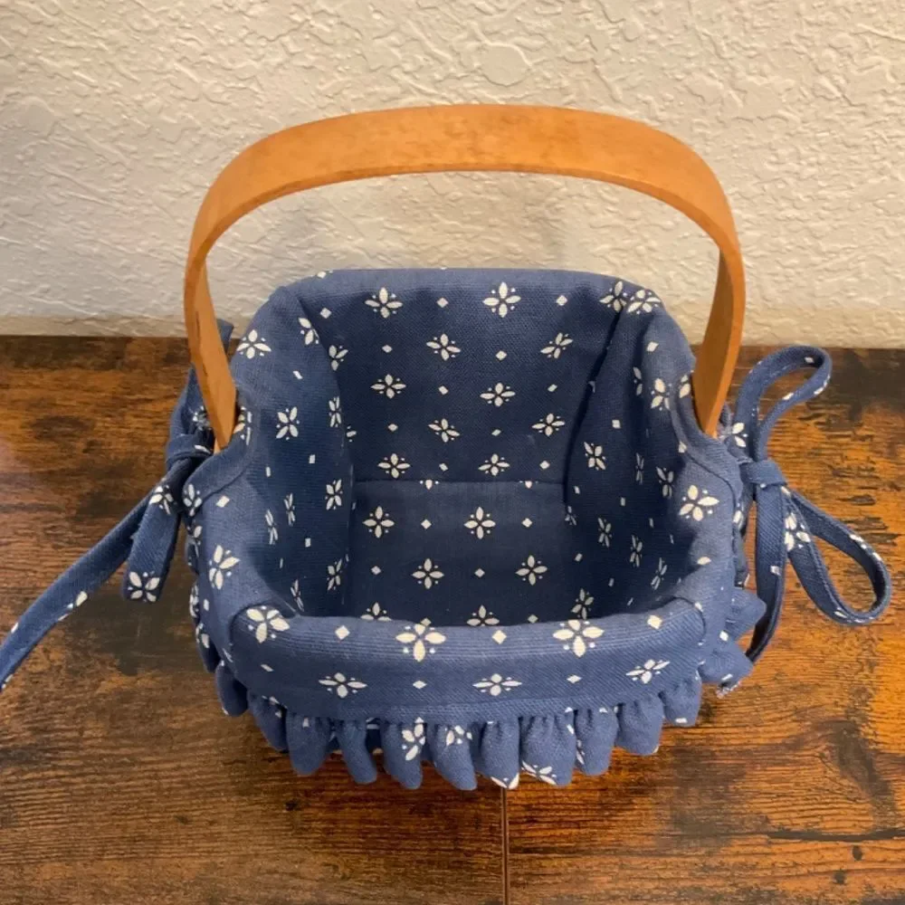 Longaberger Vintage 1996 Small Handwoven Cottagecore Blue White Flowered Basket